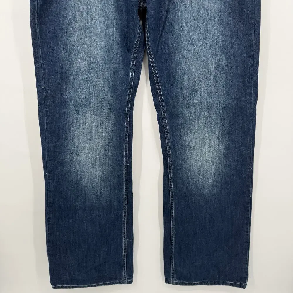 BRAND NEW NWT Men's Flypaper Medium Wash Blue Denim Bootcut Jeans W/ Belt 38x34
